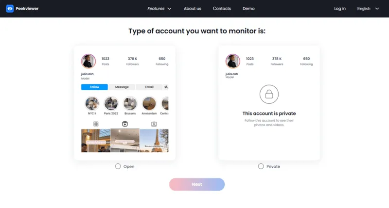 Using Peekviewer to save private Instagram stories – choose the option to monitor a public or private account