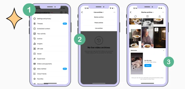 Instagram'da arşivlenmiş hikayelere erişmek için farklı adımları gösteren ekran görüntüleri Instagram'da arşivlenmiş hikayelere erişmek için farklı adımları gösteren ekran görüntüleri
