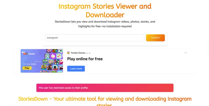 A StoriesDown Instagram viewer clone page.