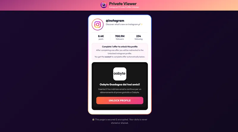 Goonview verification screen — complete an offer to unlock an Instagram profile prompt