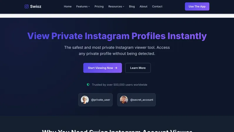 Swioz Private Instagram Viewer homepage. Review by Peekviewer