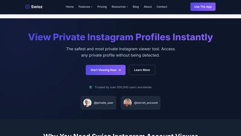 Swioz Private Instagram Viewer homepage. Review by Peekviewer