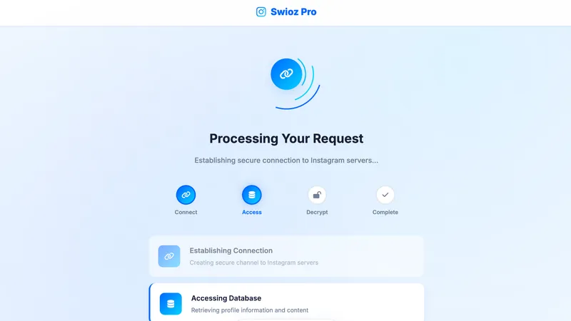 Swioz Instagram viewer showing fake loading progress that stops before a human verification prompt
