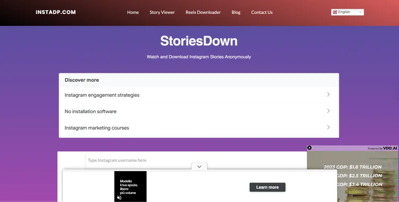A StoriesDown Instagram viewer clone page.