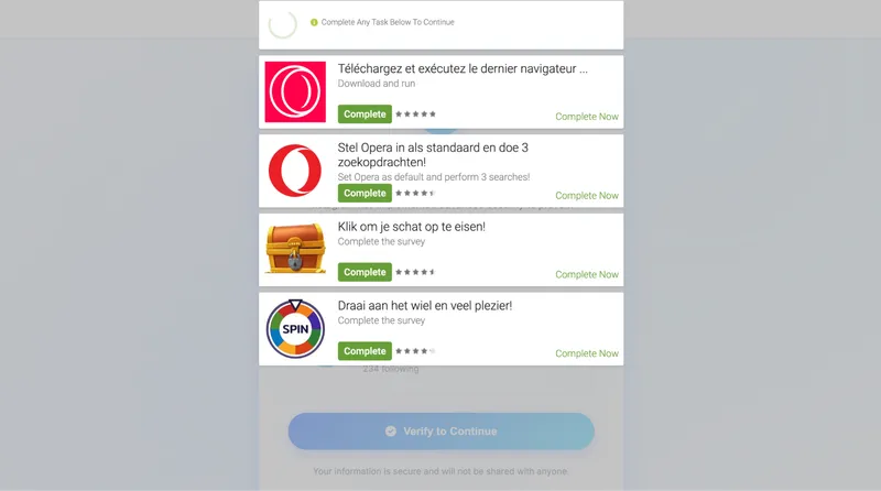 Swioz Instagram viewer scam showing survey redirect loop with no content delivered after verification steps