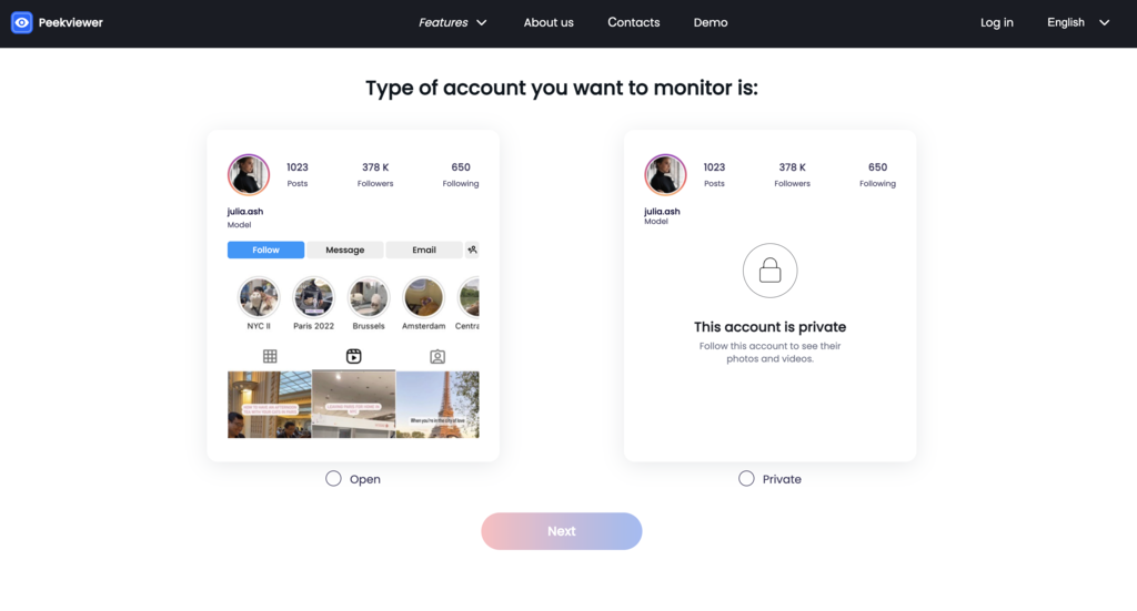 Instagram profile analyzer tool: Peekviewer account creation