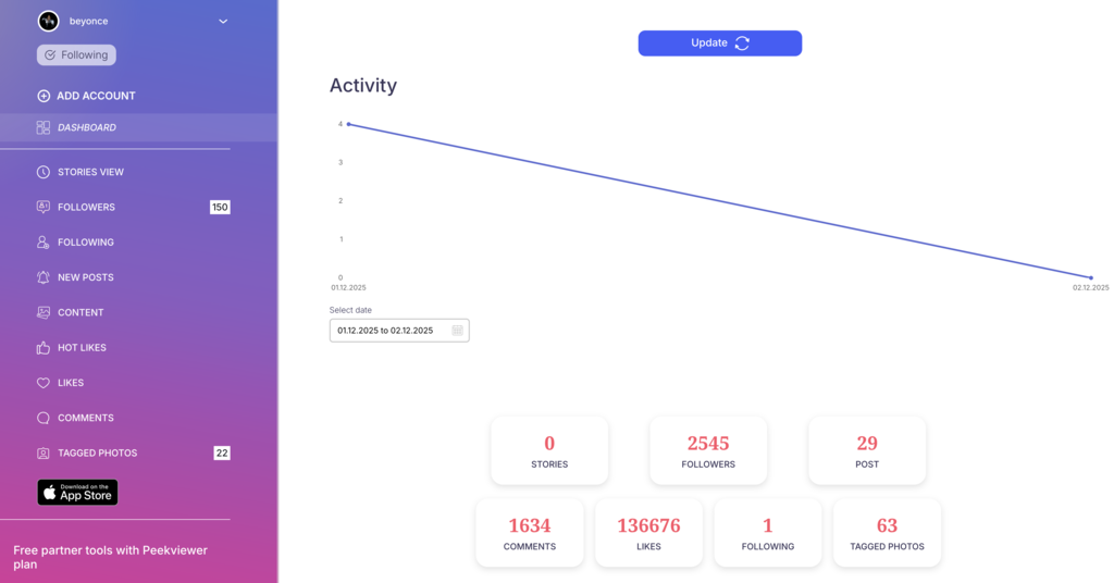 Instagram profile analyzer tool: Peekviewer account creation
