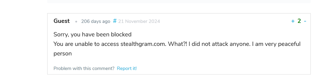 Screenshot showing user trying to use StealthGram— warning about being blocked